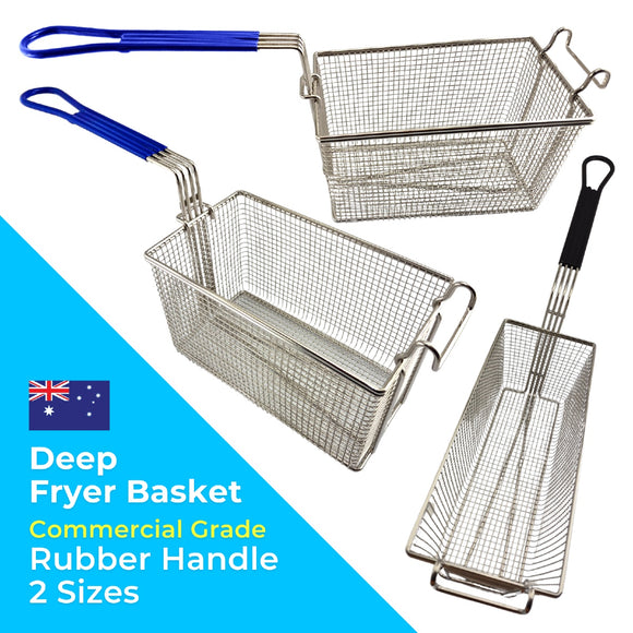Deep Fryer Baskets - Rectangle - Nickel Plated - Rubber Handle. Commercial Grade. 2 Sizes. Australia wide shipping.