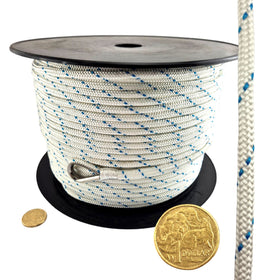 Double Braided White and Blue Polyester Rope with Thimble Eye on a Reel. Size: 6mm. Australia wide Shipping