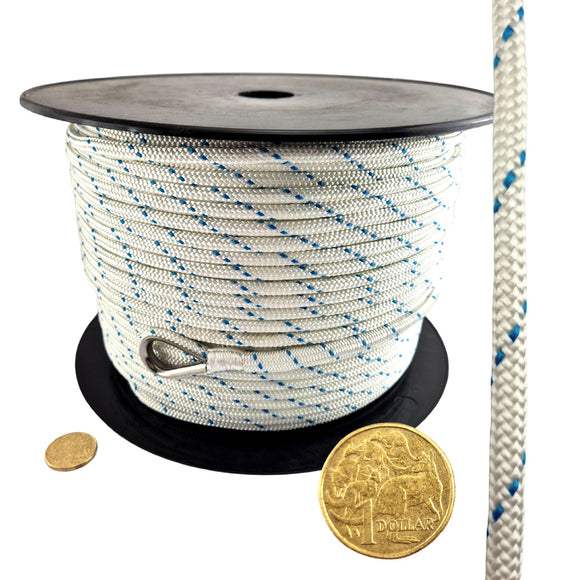 Double Braided White and Blue Polyester Rope with Thimble Eye on a Reel. Size: 6mm. Australia wide Shipping