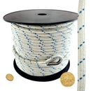 Double Braided White and Blue Polyester Rope with Thimble Eye on a Reel. Size: 8mm. Australia wide Shipping