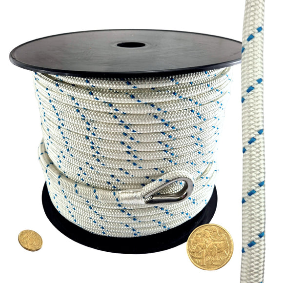 Double Braided White and Blue Polyester Rope with Thimble Eye on a Reel. Size: 8mm. Australia wide Shipping