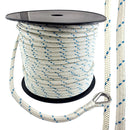 Double Braided Polyester Rope in White and Blue with Thimble Eye on Reel. Sizes: 6mm, 8mm. Delivery Australia wide.
