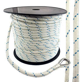 Double Braided Polyester Rope in White and Blue with Thimble Eye on Reel. Sizes: 6mm, 8mm. Delivery Australia wide.