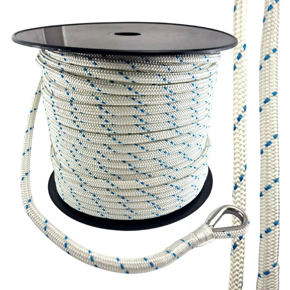 Double Braided Polyester Rope in White and Blue with Thimble Eye on Reel. Sizes: 6mm, 8mm. Delivery Australia wide.