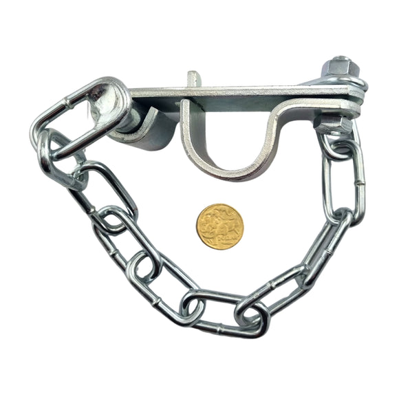 Double Gate Catch, Zinc Plated. Suits 25NB. Australian Made. Brand: Downee. Rural Hardware, Fence and Gate Fittings. Shop online chain.com.au. Australia wide shipping.