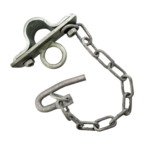 Double Gate Hook Catch, Galvanised. Sizes: 25NB, 32NB. Australian Made. Brand: Downee. Rural Hardware, Fence and Gate Fittings. Shop online chain.com.au. Australia wide shipping.