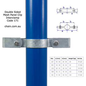 Double Sided Mesh Panel Clip, Interclamp Code 171. Shop rail, pipe and fence fittings online chain.com.au. Australia wide shipping.