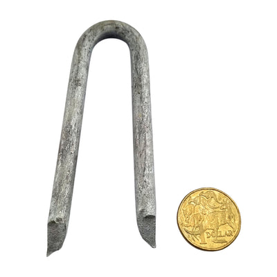 Drive In Staple, Galvanised. Product code: FGS. Australian Made. Brand: Downee. Rural Hardware, Fence and Gate Fittings. Shop online chain.com.au. Australia wide shipping.