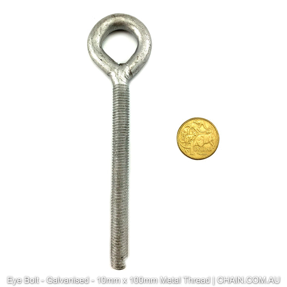 10mm Galvanised eye bolt with a 100mm metal thread. Shop bolts and hardware online. Australia wide shipping. Chain.com.au