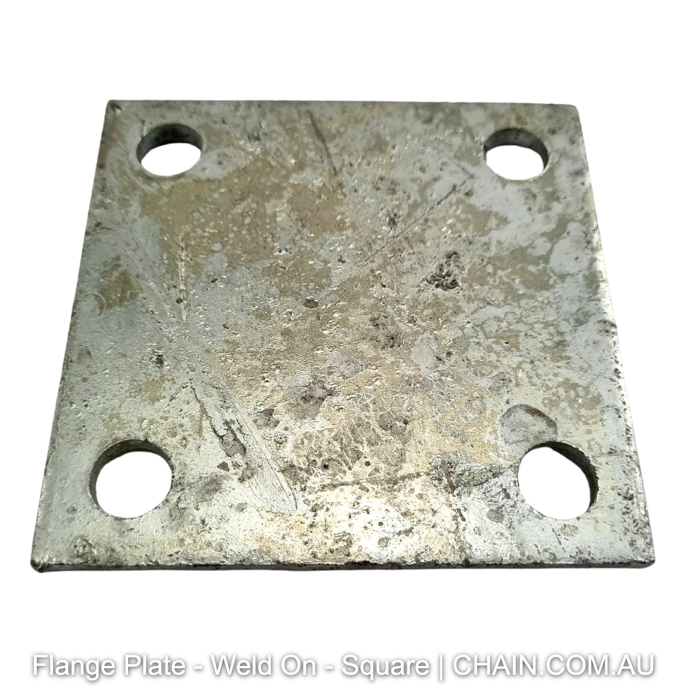 Downee Flange Plates - Weld on - Square - Galvanised or Zinc Plated. Product codes: F100SP, F130SP, RFP130130-4. Various sizes. Australian Made. Brand: Downee. Shop Tubular Fencing and Steel Brackets online chain.com.au. Australia wide shipping.