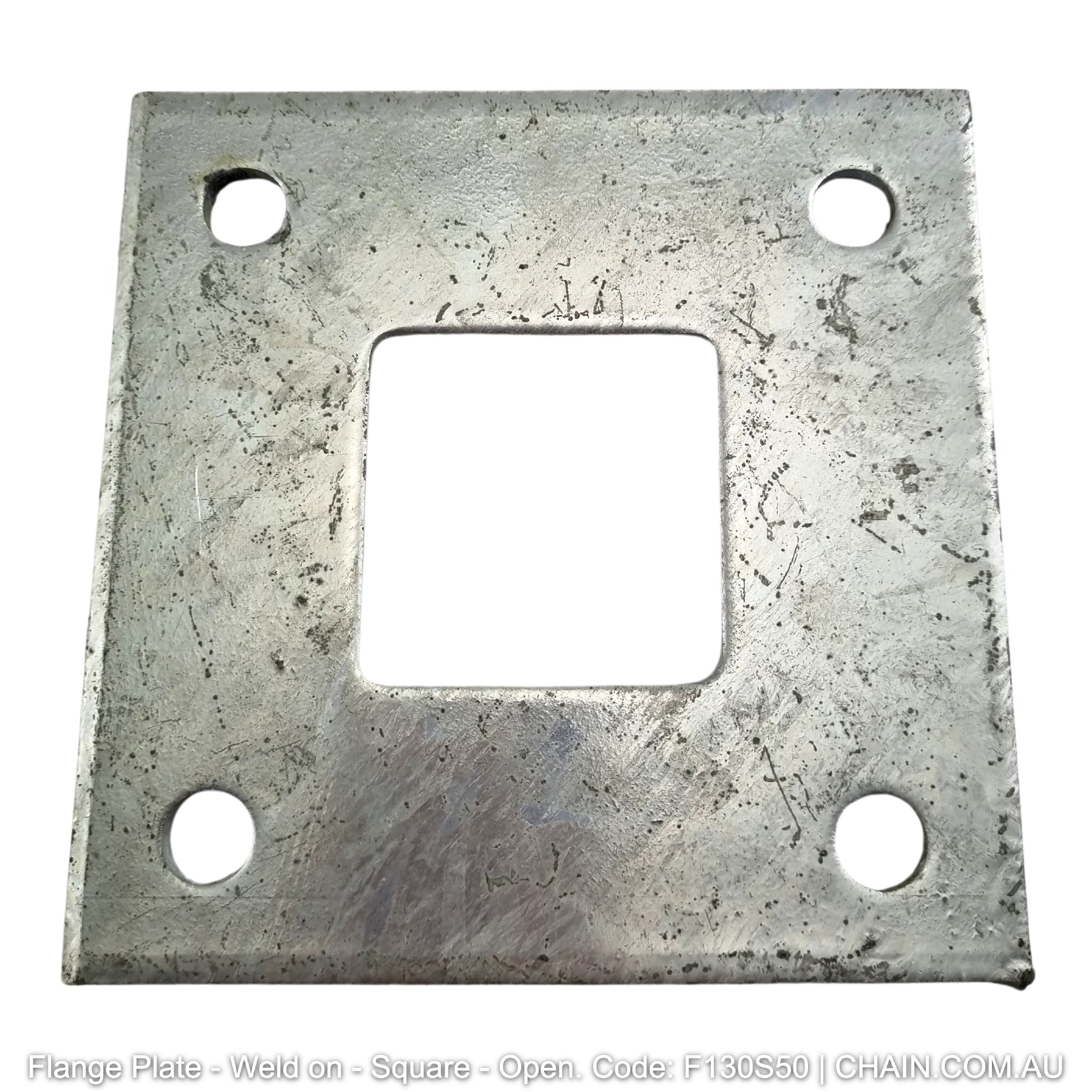 Downee Flange Plates - Weld on - Square - Open - Galvanised. Product code: F130S50. Size: 130mm x 130mm x 5mm. Australian Made. Brand: Downee. Shop Tubular Fencing and Steel Brackets online chain.com.au. Australia wide shipping.