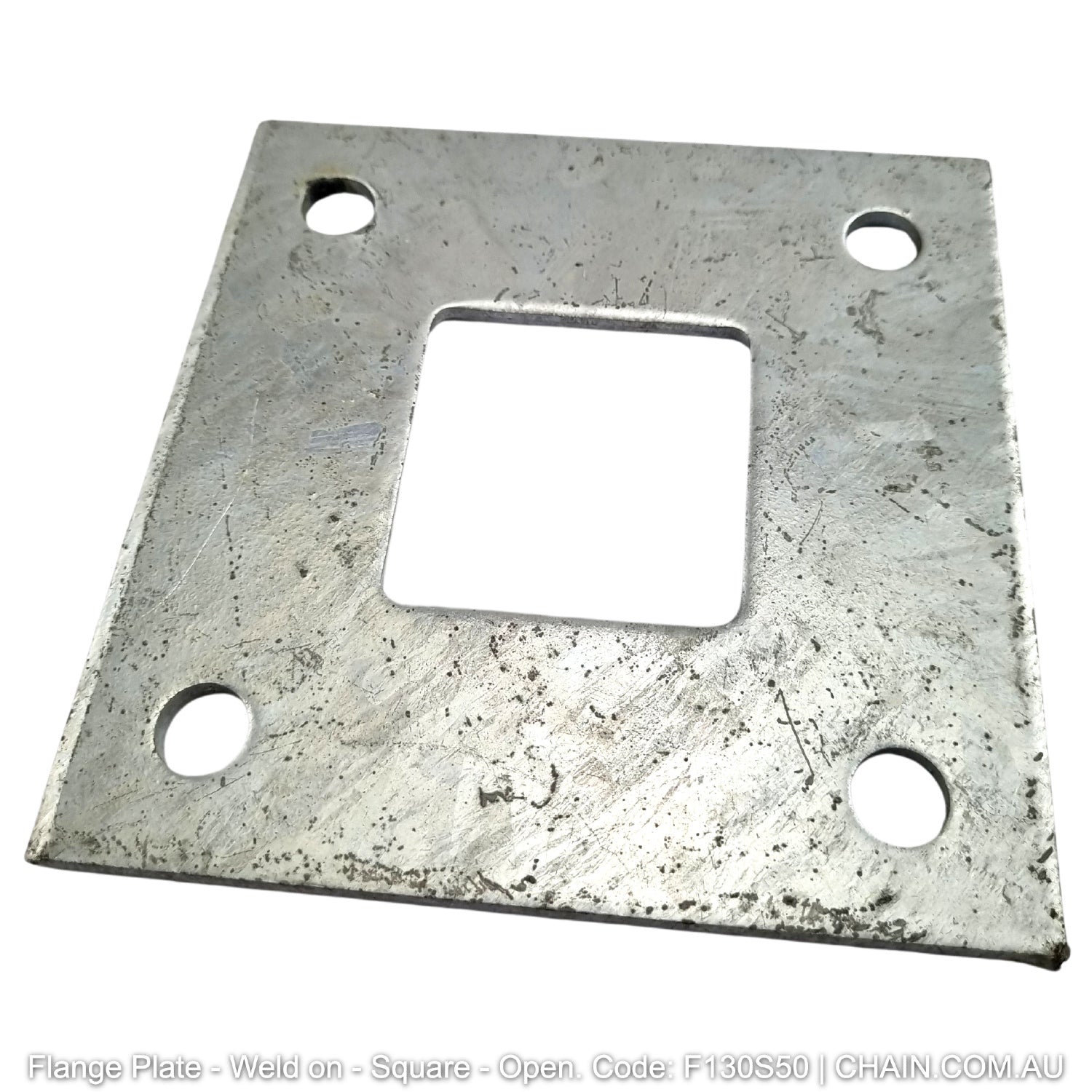 Downee Flange Plates - Weld on - Square - Open - Galvanised. Product code: F130S50. Size: 130mm x 130mm x 5mm. Australian Made. Brand: Downee. Shop Tubular Fencing and Steel Brackets online chain.com.au. Australia wide shipping.