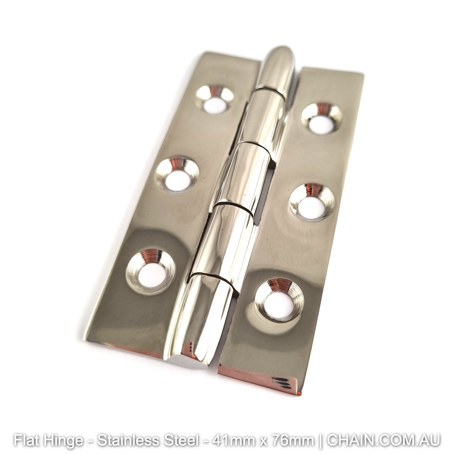Stainless Steel Flat Hinge. Size: 41mm x 76mm. Shop online chain.com.au. Shipping Australia wide.