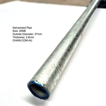 Galvanised Steel Pipe. Size: 20NB, 27mm Outside Diameter. Length: 6.5 metres. Shop Fence and Gate Fittings online. Australia wide shipping. Chain.com.au