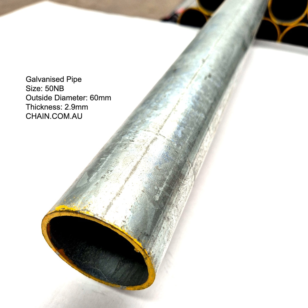 Galvanised Steel Pipe. Size: 50NB, 60mm Outside Diameter. Length: 6.5 metres. Shop Fence and Gate Fittings online. Australia wide shipping. Chain.com.au