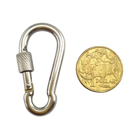 Stainless steel snap hook with locking screw gate (carabiner), size 5mm. Australia wide shipping. Shop chain.com.au
