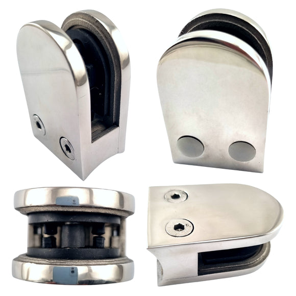 High Polished Stainless Steel Medium D Glass Clamp. Suits 10mm thick glass. For glass balustrading or glass pool fencing. Australia wide shipping. Shop: chain.com.au
