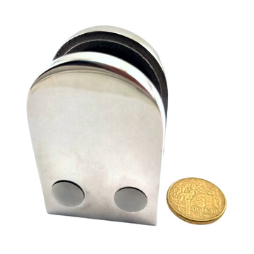 High Polished Stainless Steel Medium D Glass Clamp. Suits 10mm thick glass. For glass balustrading or glass pool fencing. Australia wide shipping. Shop: chain.com.au