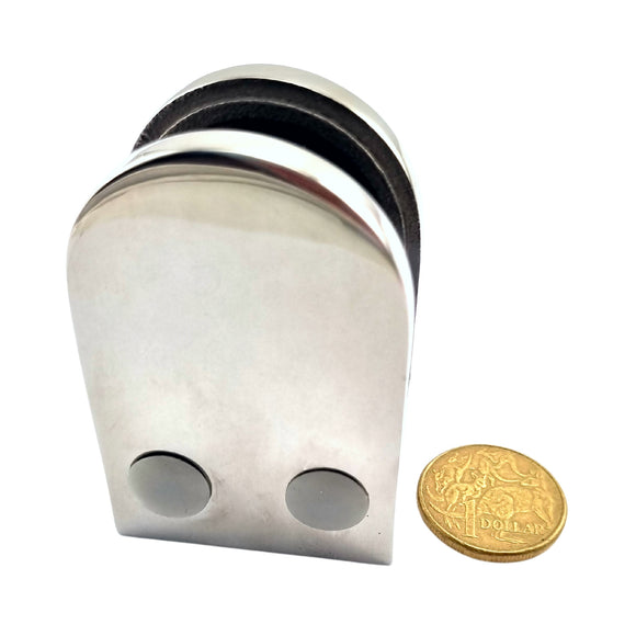 High Polished Stainless Steel Medium D Glass Clamp. Suits 10mm thick glass. For glass balustrading or glass pool fencing. Australia wide shipping. Shop: chain.com.au