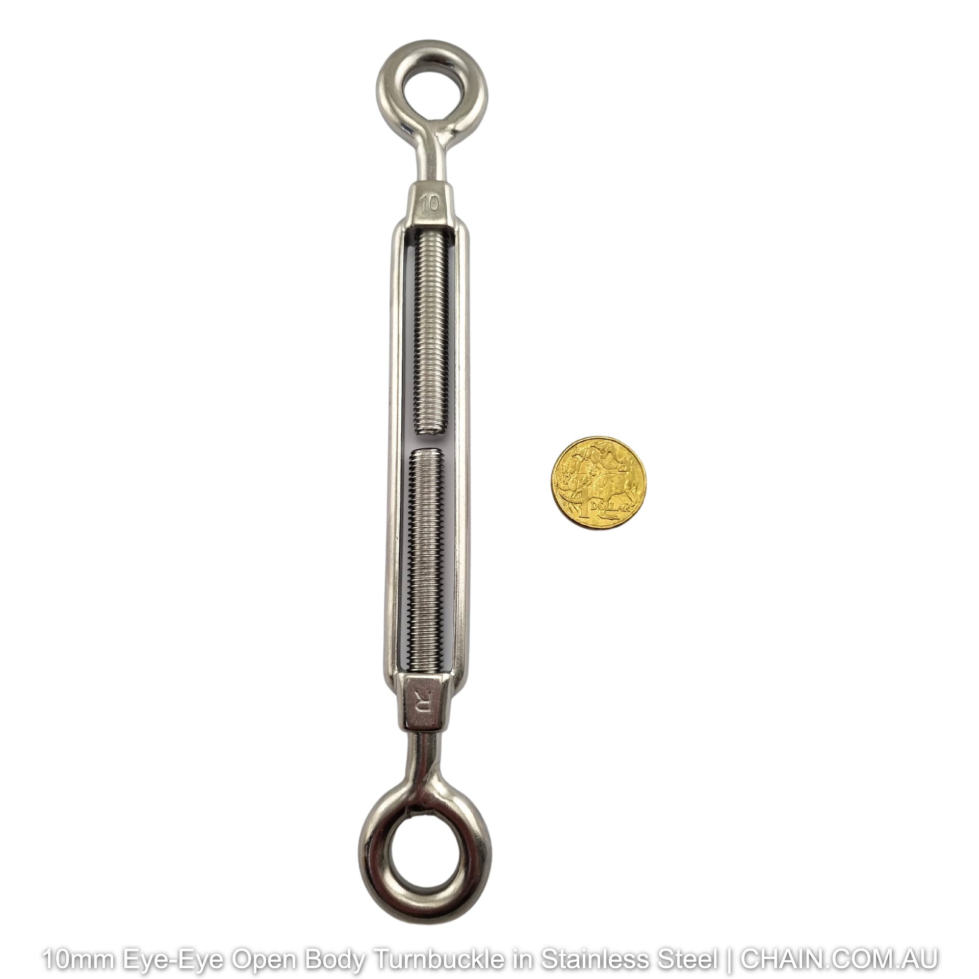 10mm Eye-Eye Open Body Turnbuckle in 316 Marine Grade Stainless Steel. Shop turnbuckles and hardware with shipping Australia wide. Shop: Chain.com.au.