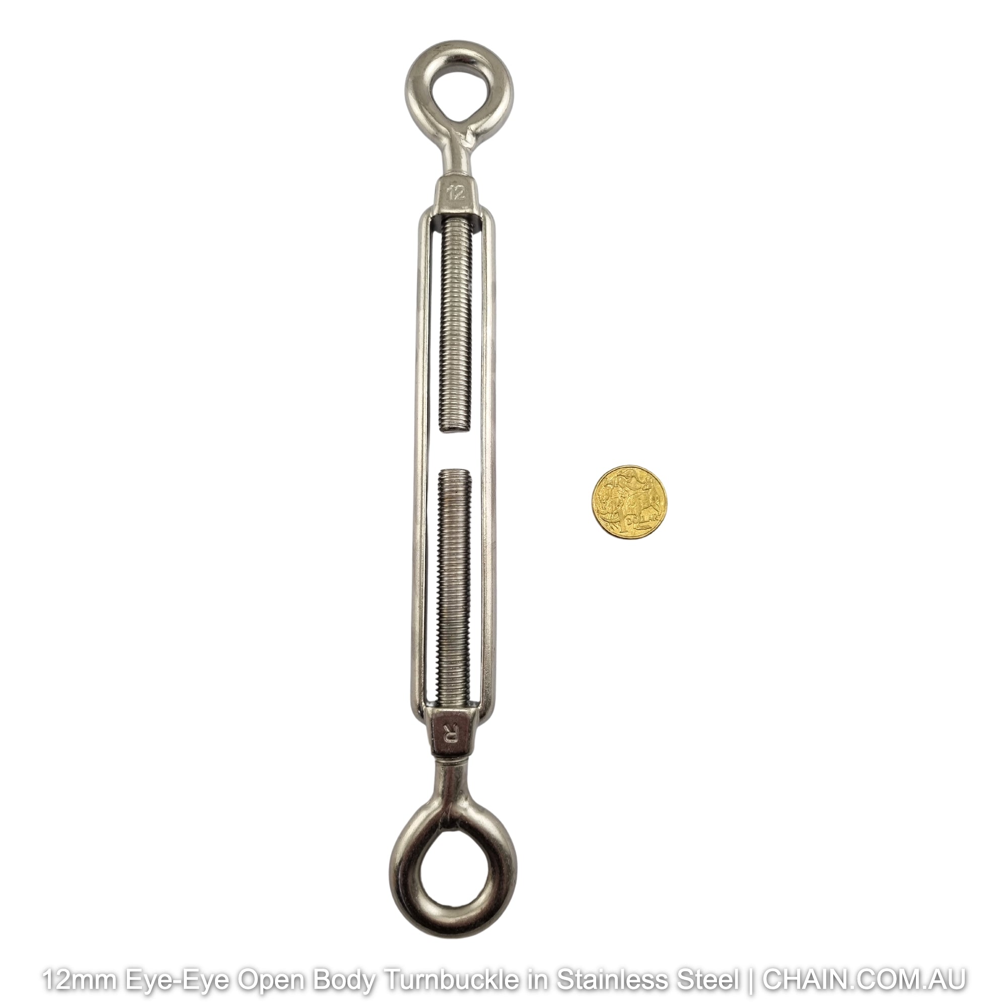 12mm Eye-Eye Open Body Turnbuckle in 316 Marine Grade Stainless Steel. Shop turnbuckles and hardware with shipping Australia wide. Shop: Chain.com.au.