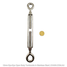 12mm Eye-Eye Open Body Turnbuckle in 316 Marine Grade Stainless Steel. Shop turnbuckles and hardware with shipping Australia wide. Shop: Chain.com.au.