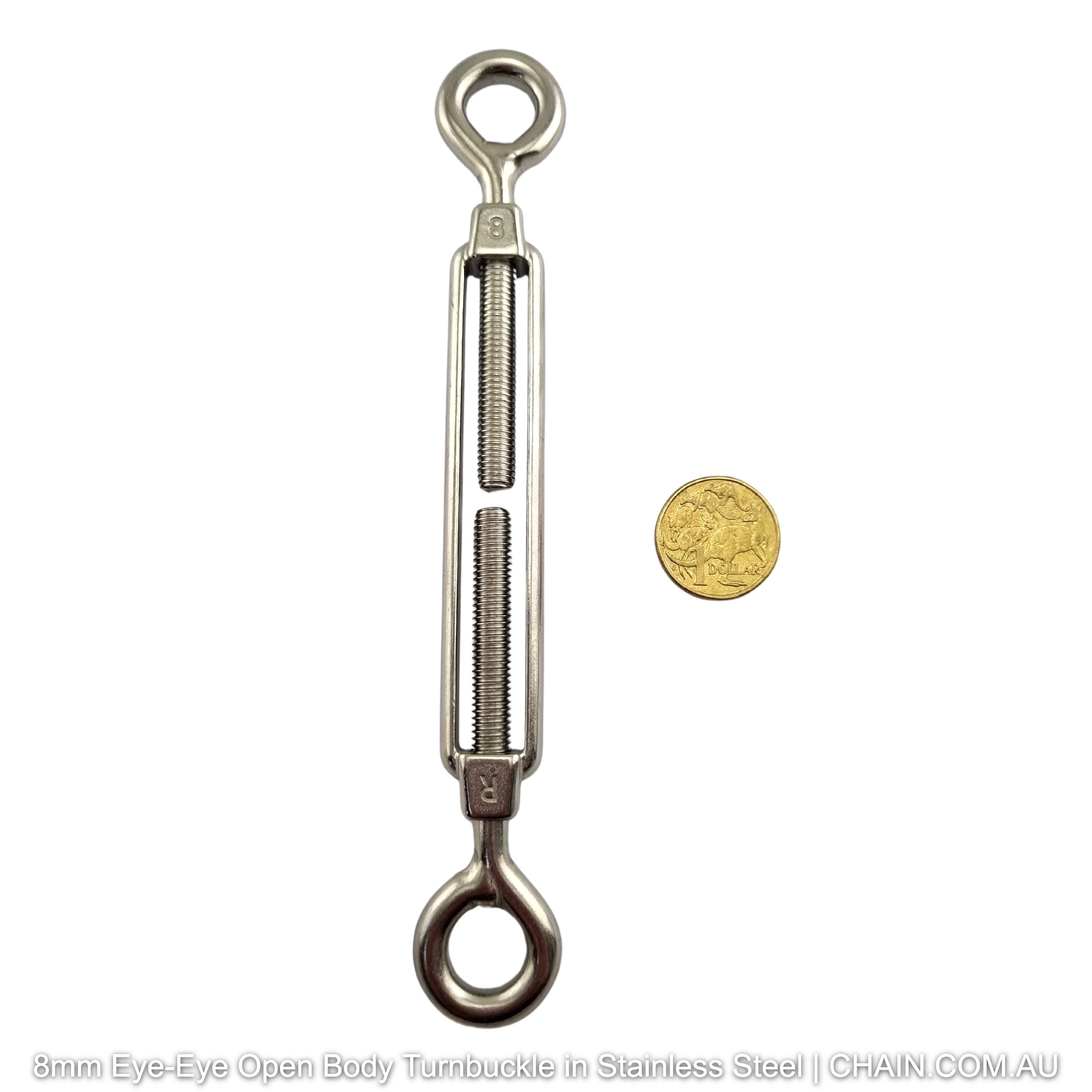 8mm Eye-Eye Open Body Turnbuckle in 316 Marine Grade Stainless Steel. Shop turnbuckles and hardware with shipping Australia wide. Shop: Chain.com.au.