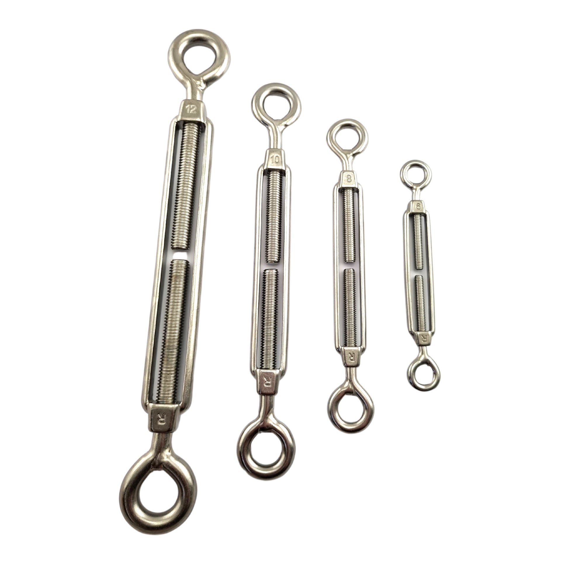 Eye-Eye Open Body Turnbuckles in 316 Marine Grade Stainless Steel. Sizes: 6mm, 8mm, 10mm, 12mm. Shop turnbuckles and hardware with shipping Australia wide. Shop: Chain.com.au.