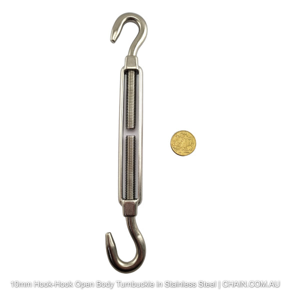 10mm Hook-Hook Open Body Turnbuckle in 316 Marine Grade Stainless Steel. Shop turnbuckles and hardware with shipping Australia wide. Shop: Chain.com.au.