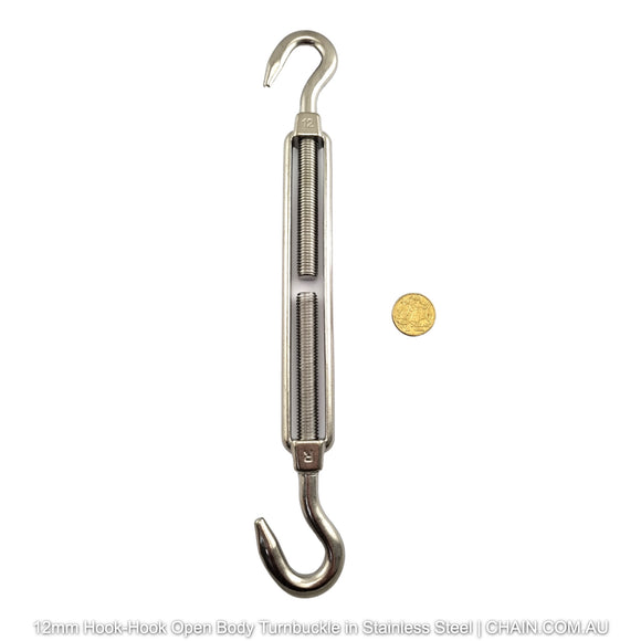 12mm Hook-Hook Open Body Turnbuckle in 316 Marine Grade Stainless Steel. Shop turnbuckles and hardware with shipping Australia wide. Shop: Chain.com.au.