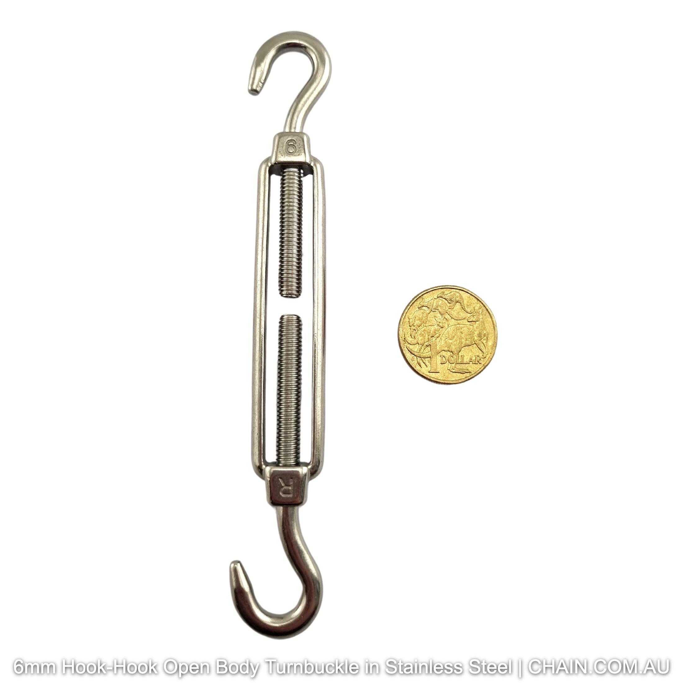 6mm Hook-Hook Open Body Turnbuckle in 316 Marine Grade Stainless Steel. Shop turnbuckles and hardware with shipping Australia wide. Shop: Chain.com.au.