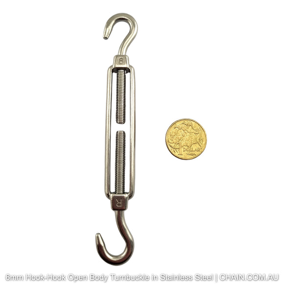 6mm Hook-Hook Open Body Turnbuckle in 316 Marine Grade Stainless Steel. Shop turnbuckles and hardware with shipping Australia wide. Shop: Chain.com.au.