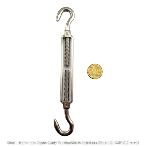 8mm Hook-Hook Open Body Turnbuckle in 316 Marine Grade Stainless Steel. Shop turnbuckles and hardware with shipping Australia wide. Shop: Chain.com.au.
