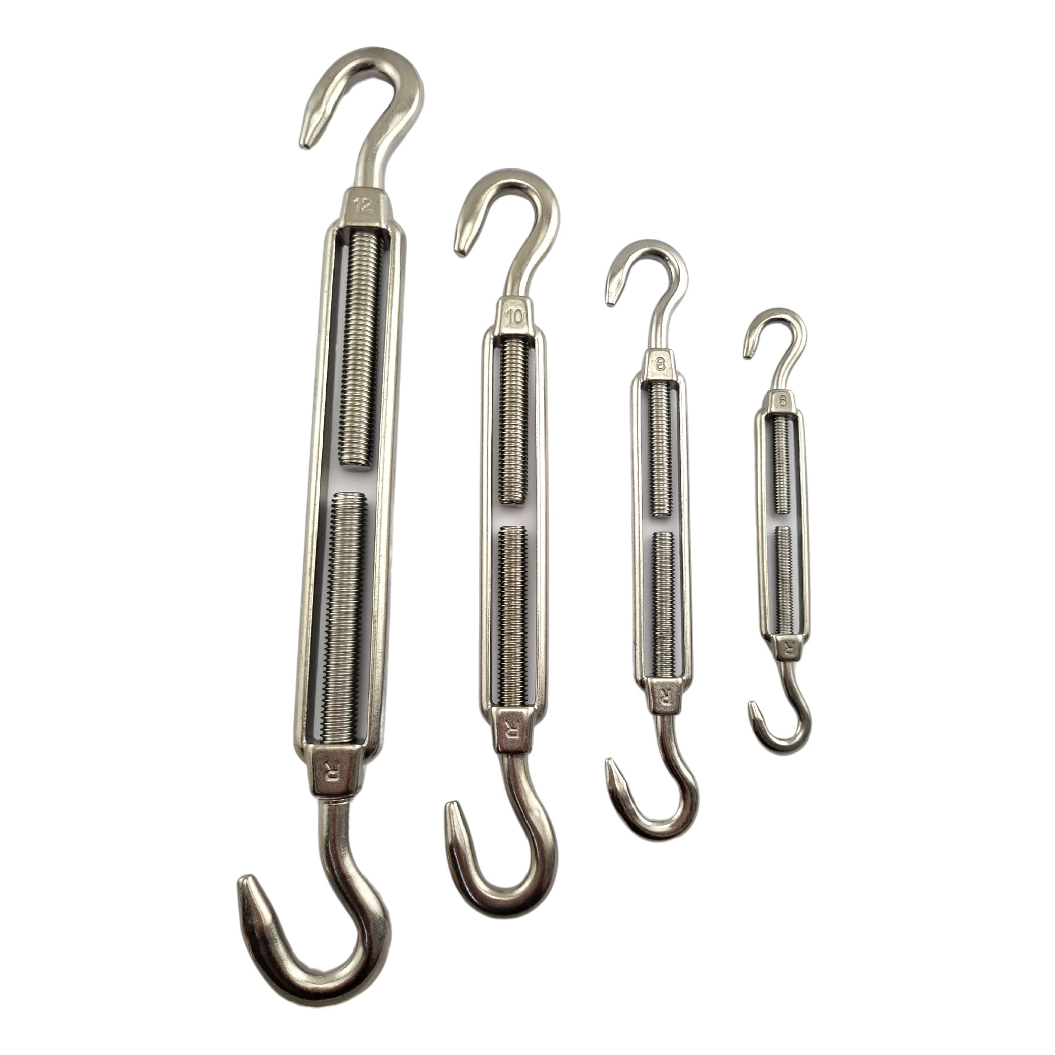 Hook-Hook Open Body Turnbuckles in 316 Marine Grade Stainless Steel. Sizes: 6mm, 8mm, 10mm, 12mm. Shop turnbuckles and hardware with shipping Australia wide. Shop: Chain.com.au.