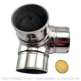 Rail Fittings - 3 Way Rail Corner Stainless Steel. Size: 50.8mm. Australia wide shipping. Shop hardware online chain.com.au