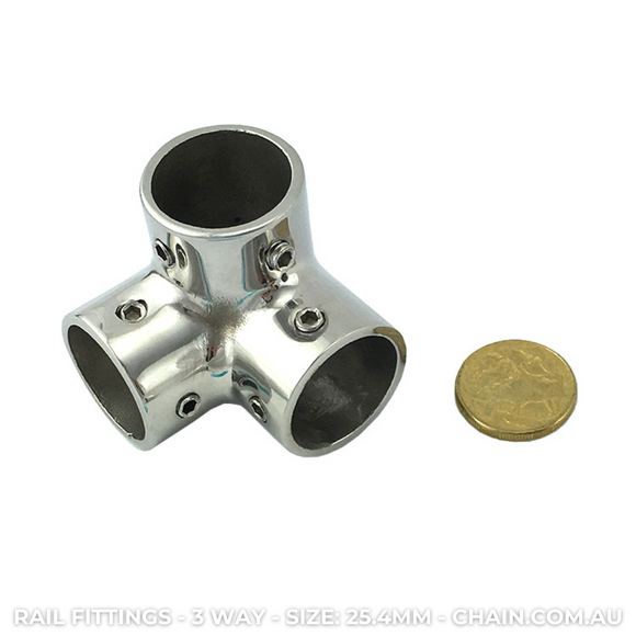 Rail Fittings - 3 Way Rail Corner Stainless Steel. Size: 25.4mm for 1-inch pipe. Australia wide shipping. Shop hardware online chain.com.au