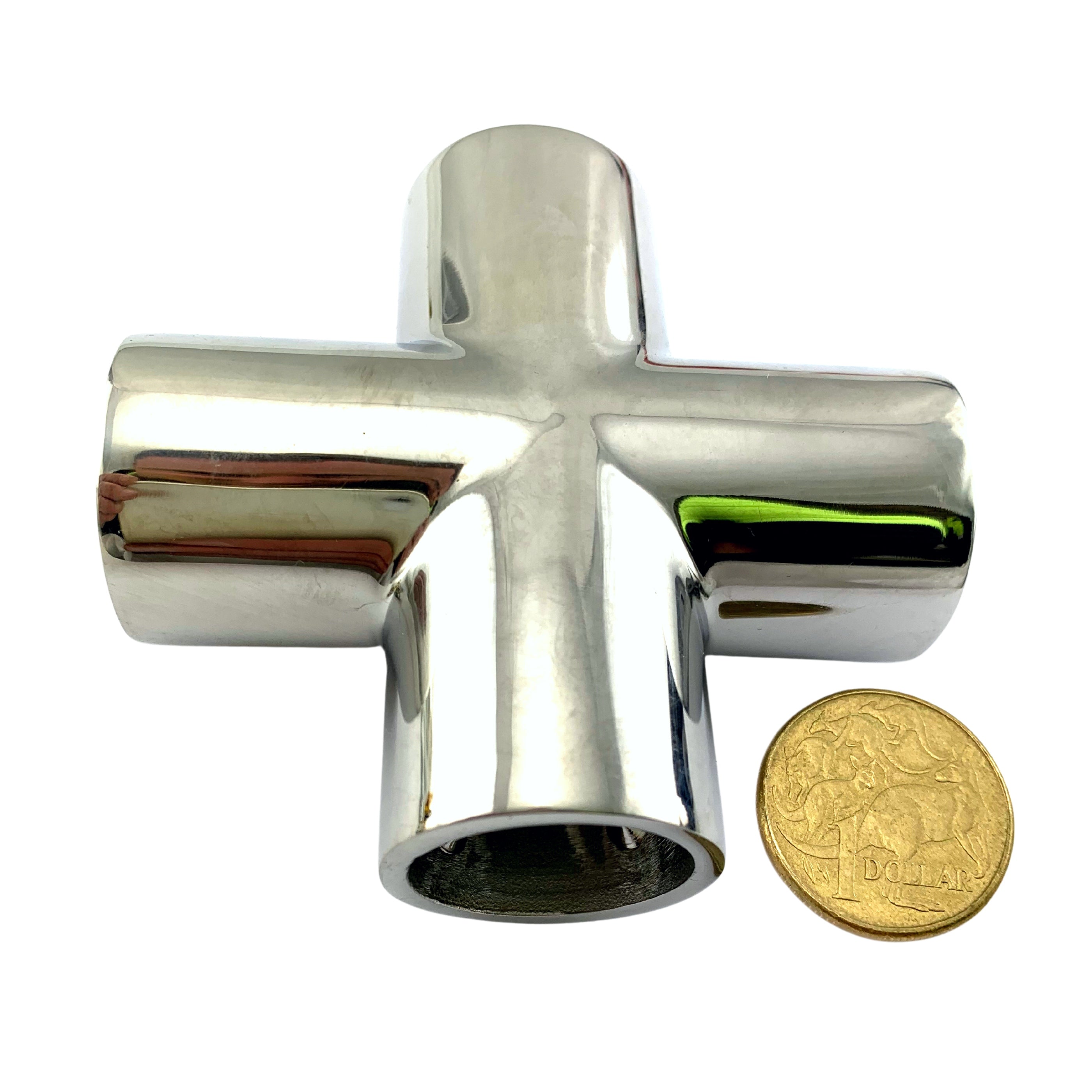 4-way cross rail fitting in marine grade type 316 stainless steel. Fits 25.4mm or 1 inch pipe. Australia wide shipping. Shop hardware: chain.com.au