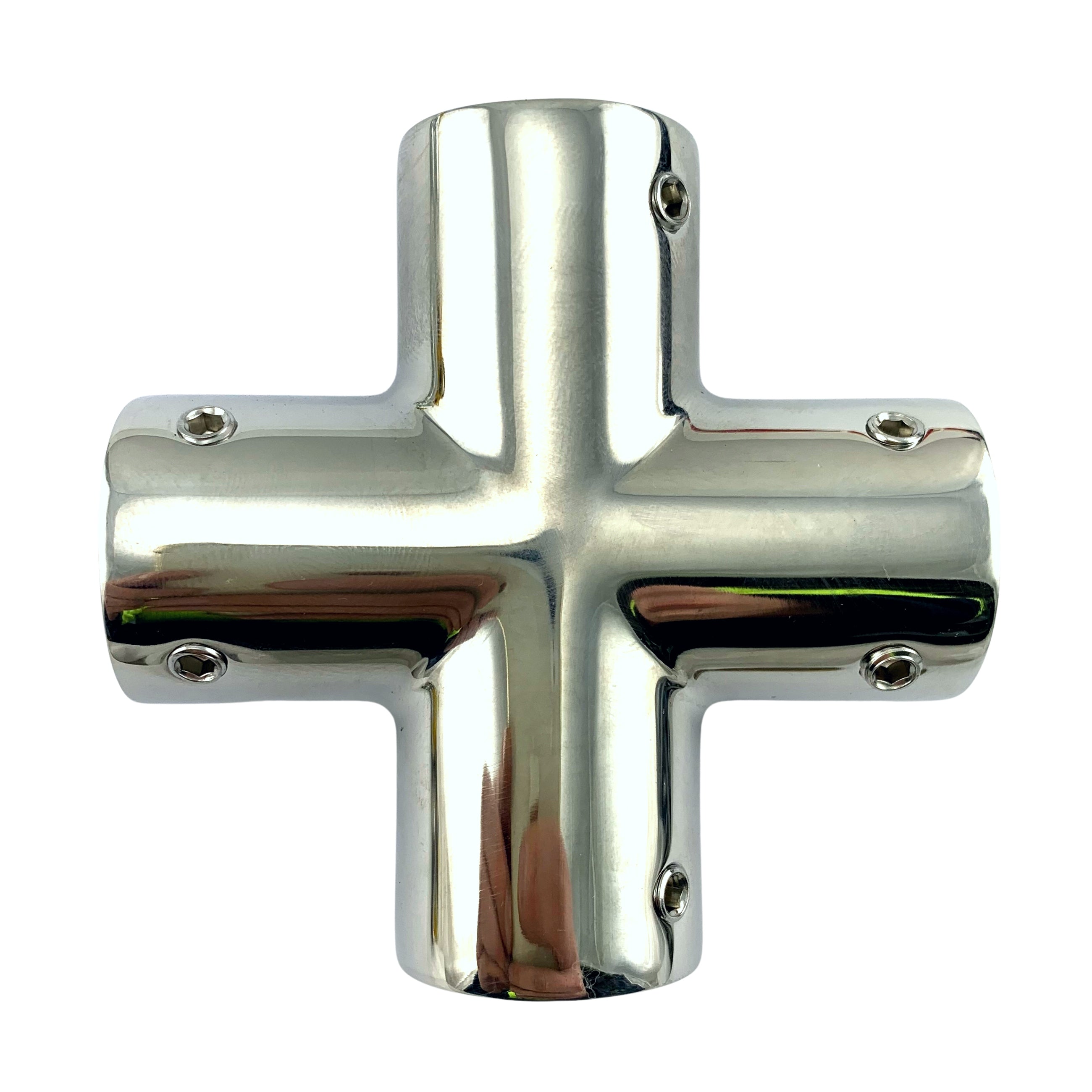 4-way cross rail fitting in marine grade type 316 stainless steel. Fits 25.4mm or 1 inch pipe. Australia wide shipping. Shop hardware: chain.com.au