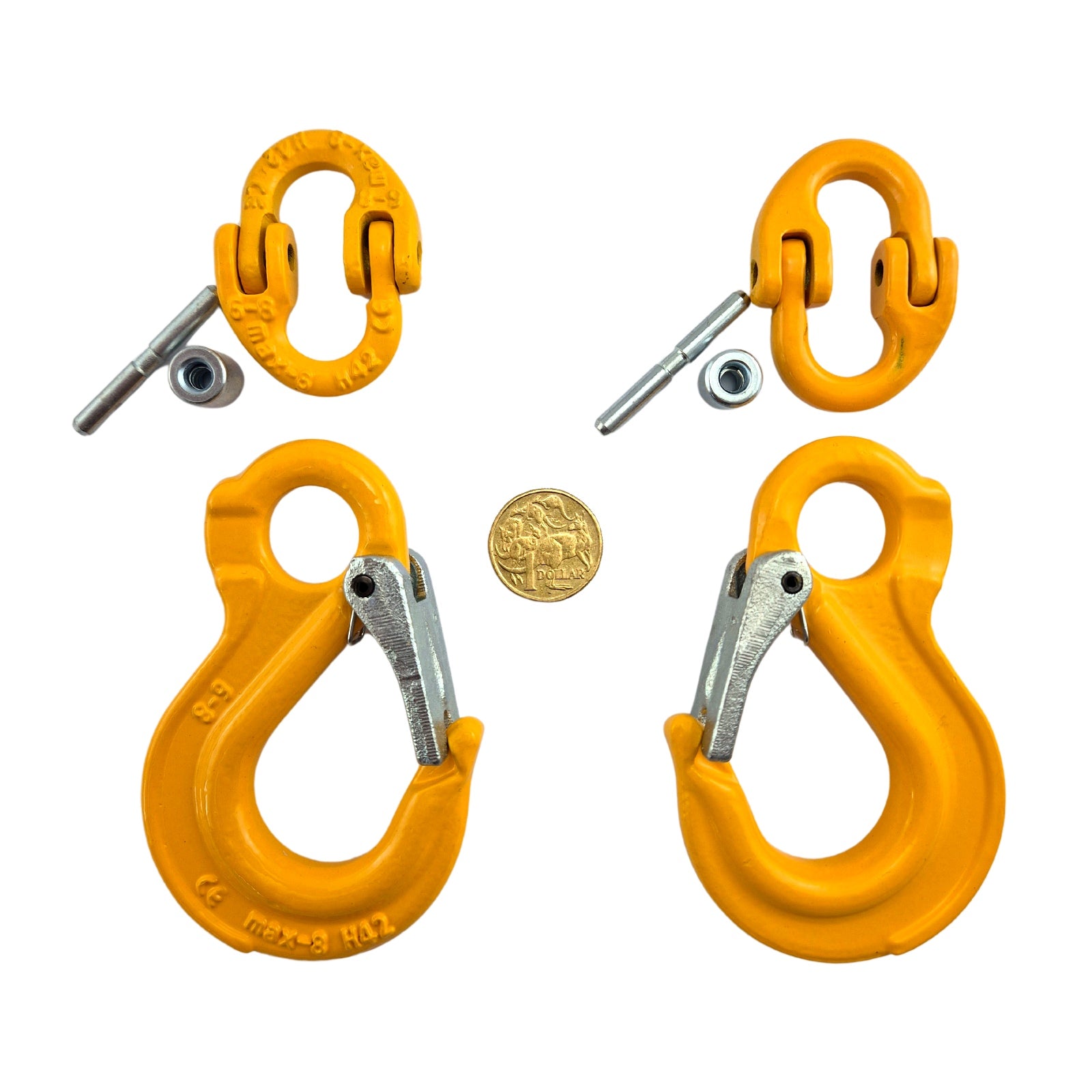 Safety Chain Hook Sets. Size: 6mm - 2.9 Tonne. Includes 2 x hammerlocks, 2 x eye sling hooks with safety latch. Australia wide shipping.