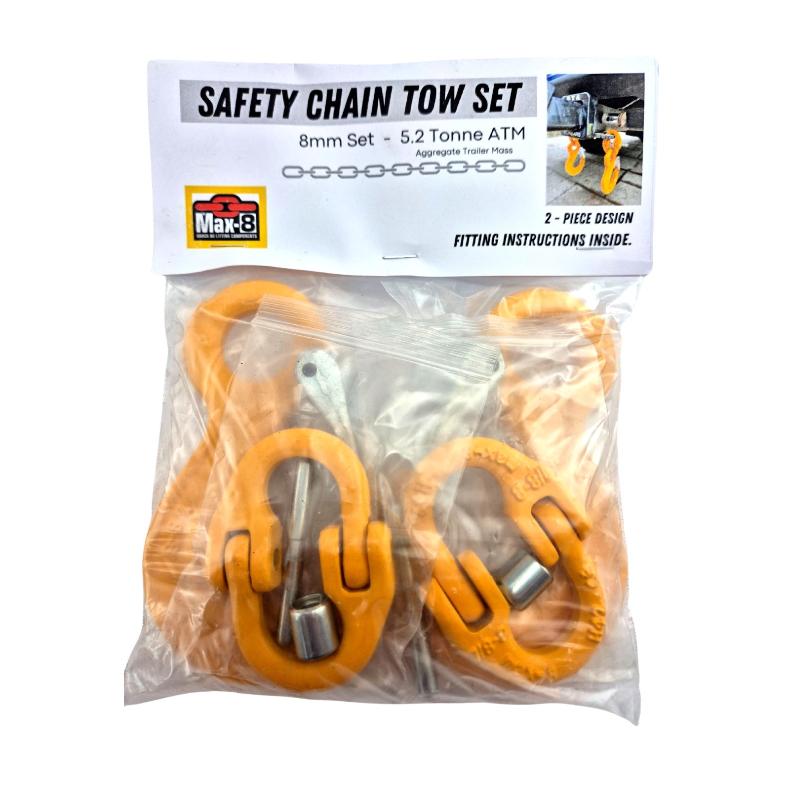 Safety Chain Hook Sets. Size: 8mm - 5.2 Tonne. Includes 2 x hammerlocks, 2 x eye sling hooks with safety latch. Australia wide shipping.