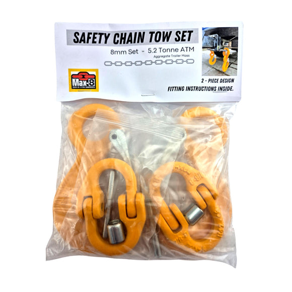 Safety Chain Hook Sets. Size: 8mm - 5.2 Tonne. Includes 2 x hammerlocks, 2 x eye sling hooks with safety latch. Australia wide shipping.