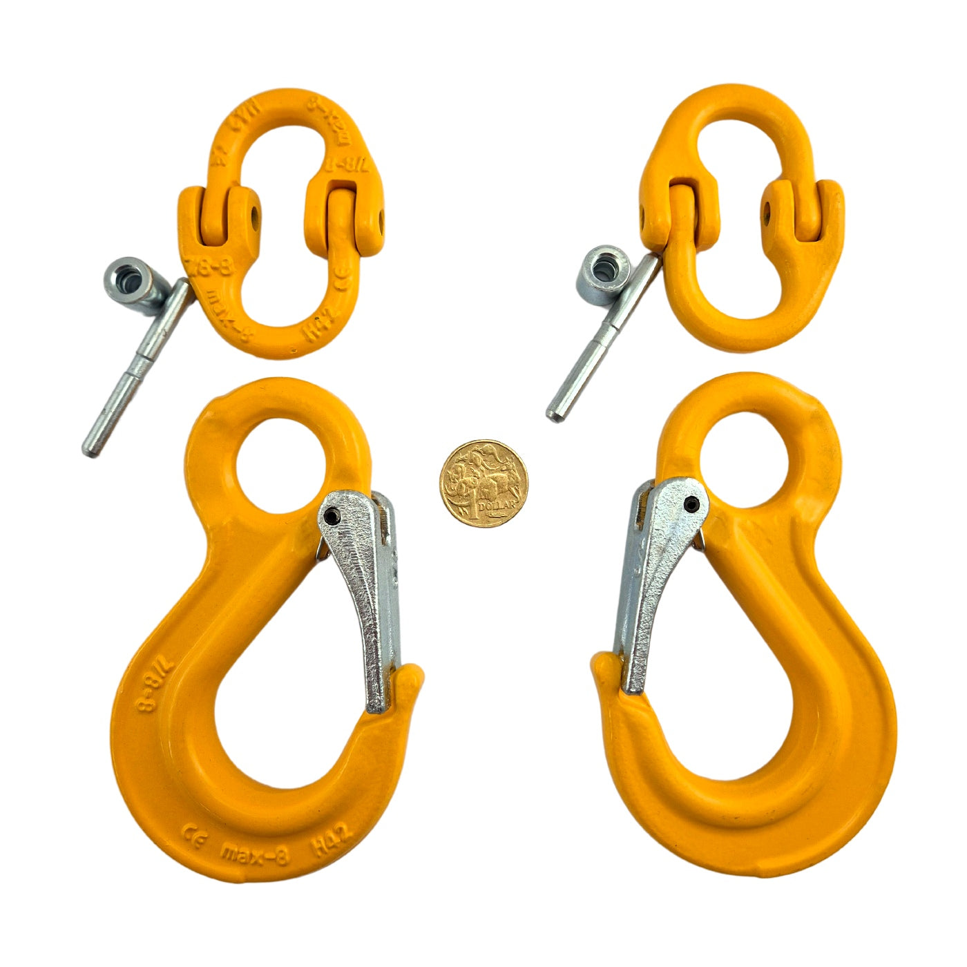 Safety Chain Hook Sets. Size: 8mm - 5.2 Tonne. Includes 2 x hammerlocks, 2 x eye sling hooks with safety latch. Australia wide shipping.