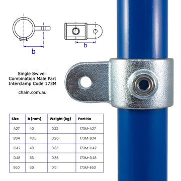 Single Swivel Combination Male Part, Interclamp Code 173M. Shop rail, pipe and fence fittings online chain.com.au. Australia wide shipping.