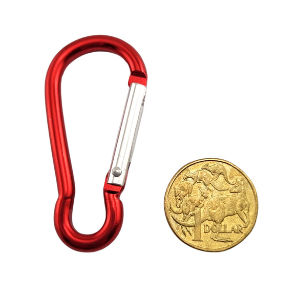 Aluminium snap hook Carabiner in red, sizes: 5mm, 6mm, 8mm, untested. Australia wide shipping.