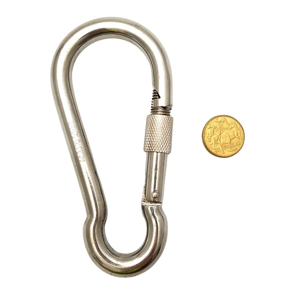 Stainless steel snap hook with locking screw gate (carabiner), size 12mm. Australia wide shipping. Shop chain.com.au