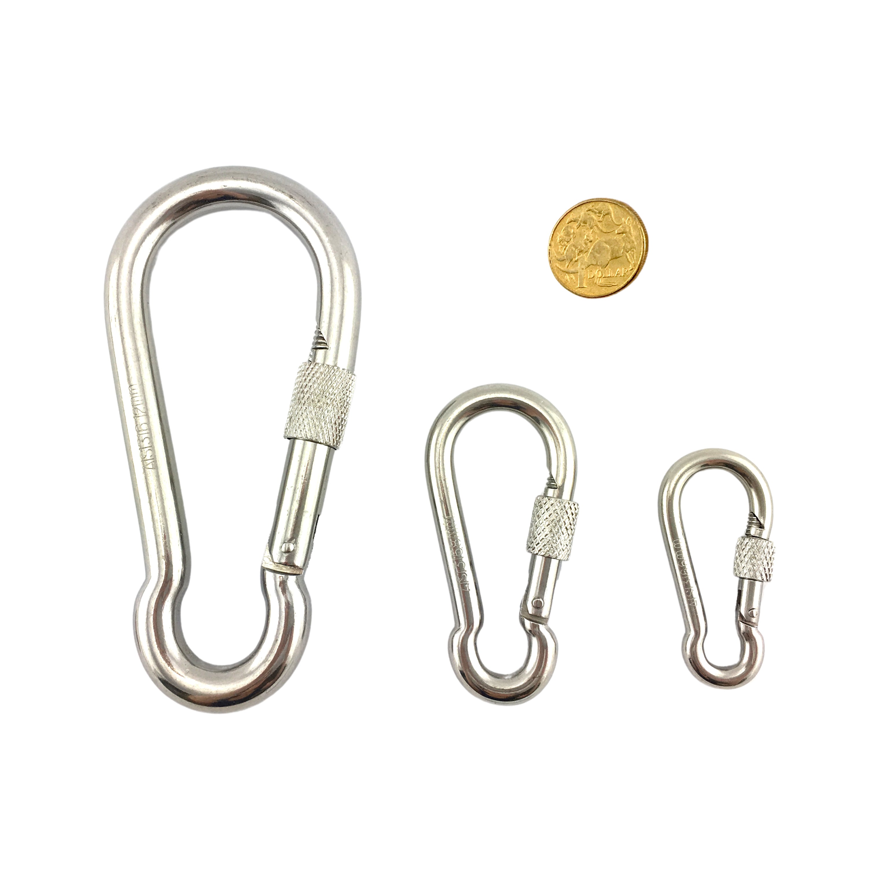 Stainless steel snap hook with locking screw gate (carabiner). Australia wide shipping. Shop chain.com.au