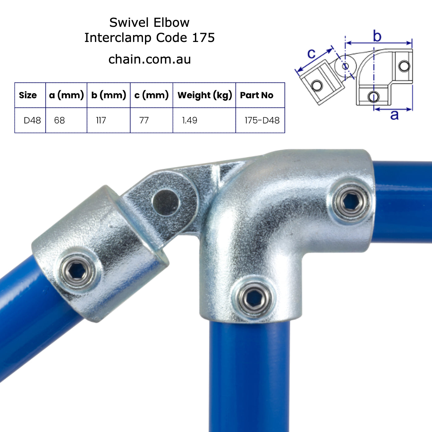 Swivel Elbow, Size: D48. Interclamp Code 175. Shop rail, pipe and fence fittings online chain.com.au. Australia wide shipping.