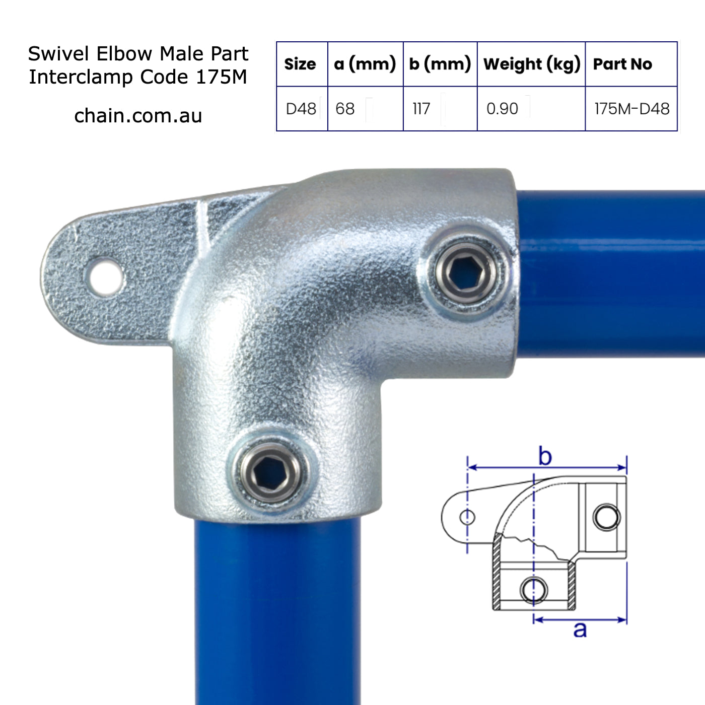 Swivel Elbow Male Part, Size: D48. Interclamp Code 175M. Shop rail, pipe and fence fittings online chain.com.au. Australia wide shipping.