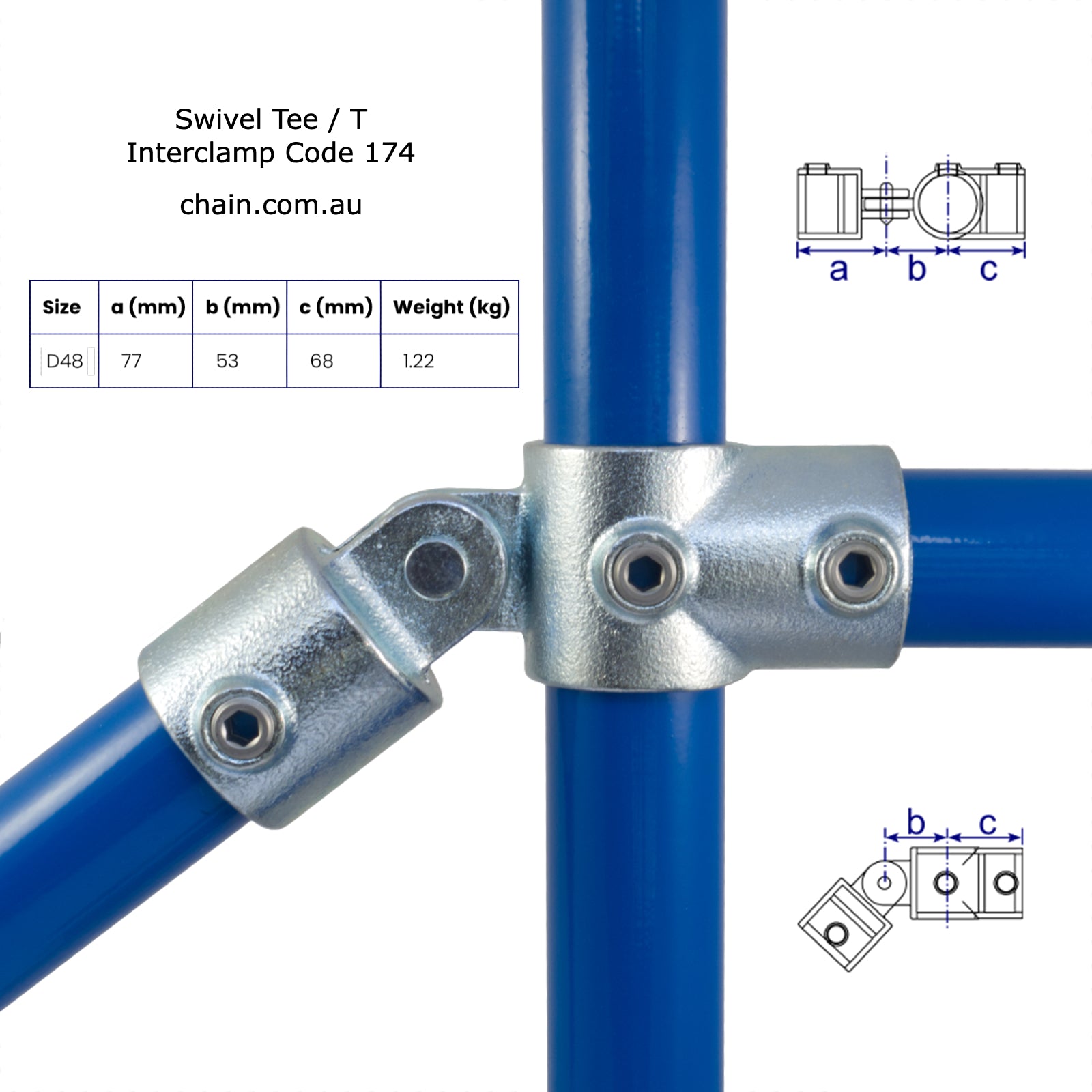 Swivel Tee (Swivel T), Interclamp Code 174. Shop rail, pipe and fence fittings online chain.com.au. Australia wide shipping.