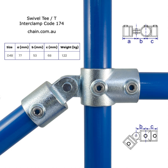 Swivel Tee (Swivel T), Interclamp Code 174. Size D48. Shop rail, pipe and fence fittings online chain.com.au. Australia wide shipping.